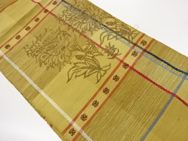 格子に草花模様織出し名古屋帯